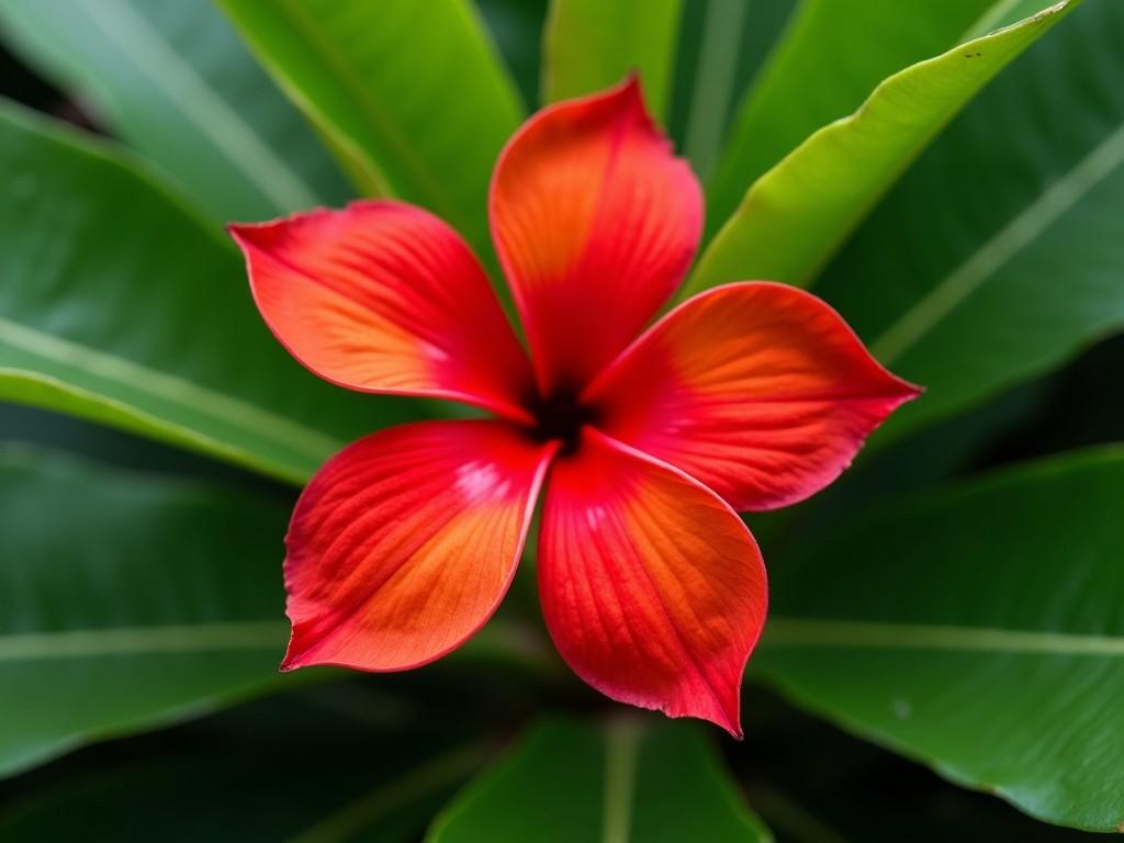 This image features a stunning tropical flower in vivid red hues. The flower has large, smooth petals that show a gorgeous gradient of red and orange shades. Surrounding the flower are broad, lush green leaves, creating a vibrant and tropical aesthetic. This top-down view highlights the unique shape and colors of the flower. The natural lighting enhances the richness of the colors and details in the petals.