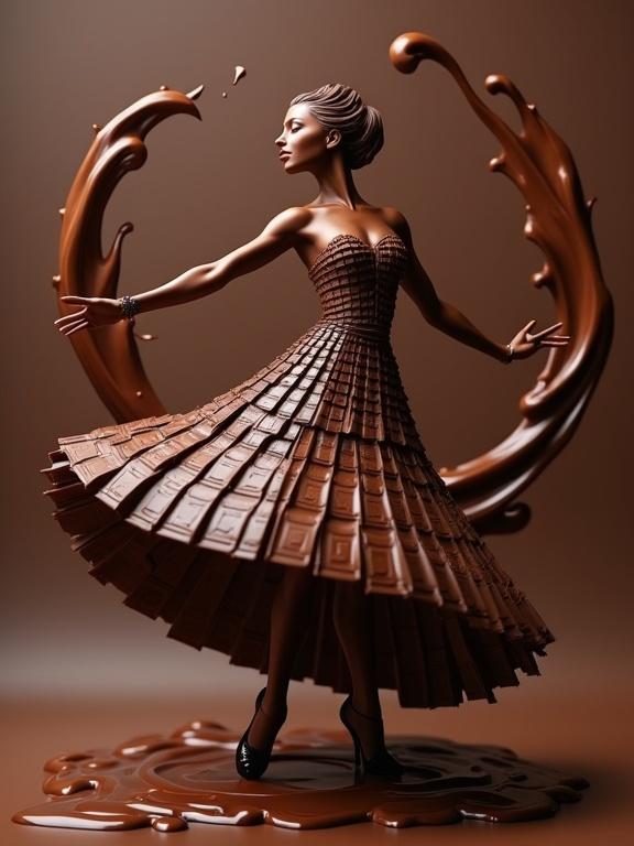 A dancer made entirely from chocolate with a layered dress made from chocolate squares swirling around. Rich melted chocolate splashes in the background, highly detailed and glossy texture. Studio lighting highlights the scene.