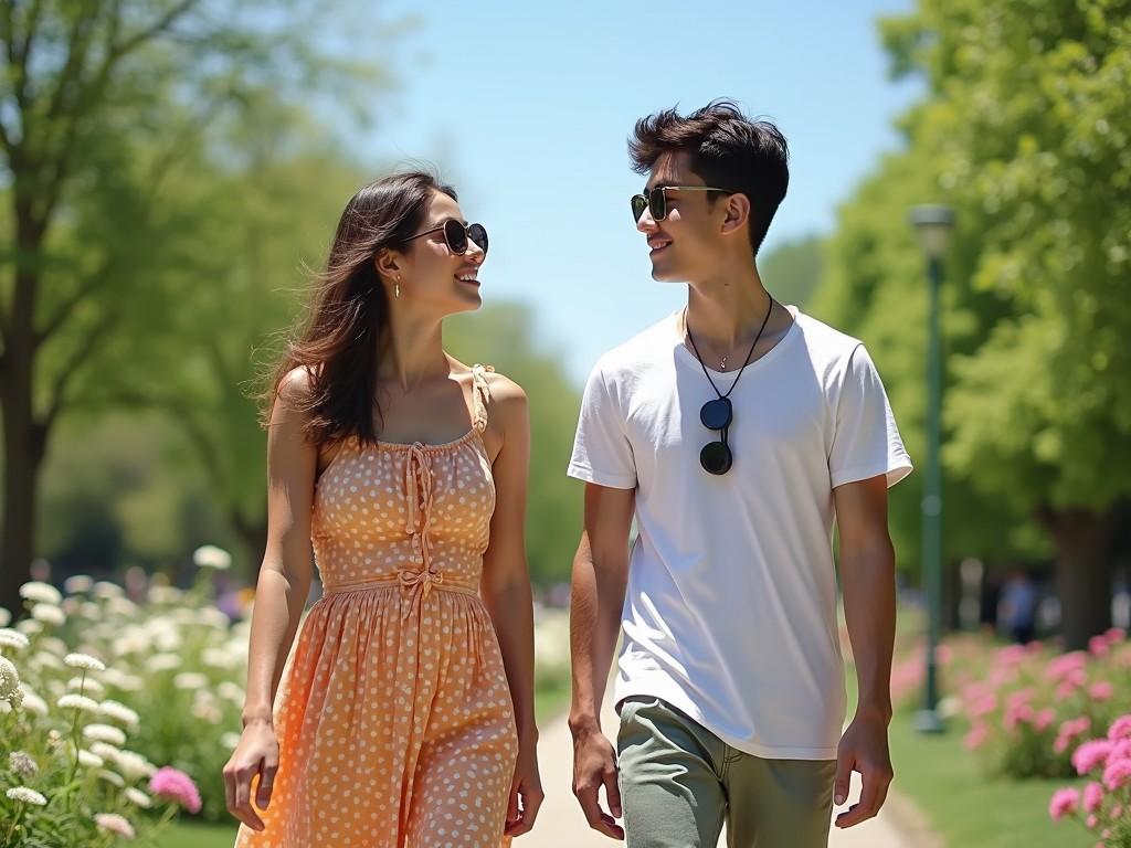 A young couple walks along a verdant park path bathed in sunlight. The woman, wearing a light, floral sundress, and the man, in a casual white t-shirt and khaki pants, both wear sunglasses and share a joyful conversation. The trees and flowers surrounding them create a vibrant and lively background, enhancing the idyllic summertime vibe.