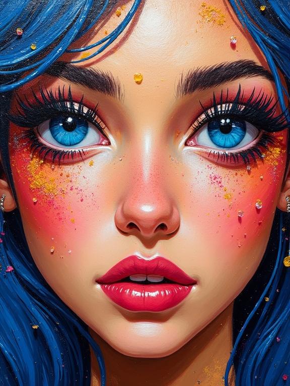 Vibrant impasto oil painting showcases a woman with striking blue eyes. Palette knife technique used for texture and detail in the art. Bright colors enhance facial features.
