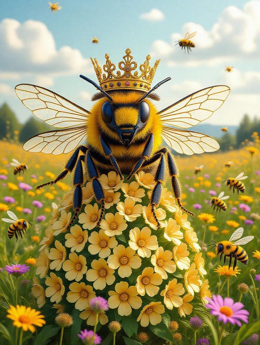 A bee wears a golden crown and a dress made of flower petals. It sits on a mound of bright flowers. Surrounding bees buzz around. Background shows a field of wildflowers and a golden beehive.