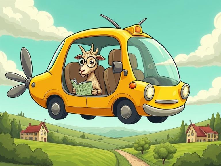 A futuristic yellow cab with propellers gently flying above green fields. A goat wearing glasses sits comfortably in the back seat and holds a map. Below features a picturesque village with narrow lanes. The overall illustration has a modern and humorous style.