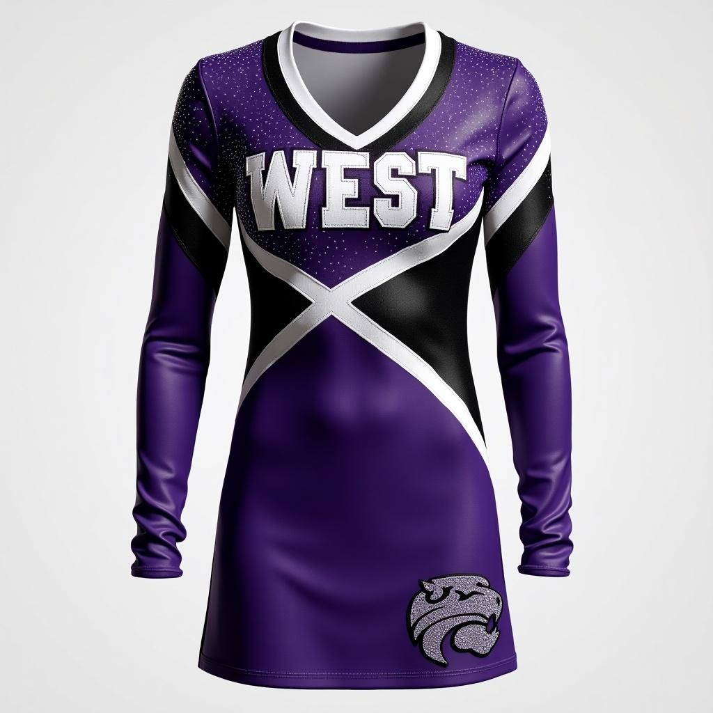 This is a cheerleading uniform featuring 'WEST' across the chest. The uniform is primarily purple, accented with black and white. It has detachable sleeves for versatility. The back showcases the Kansas State mascot logo. The outfit is embellished with numerous sparkling elements, adding flair and excitement to the design.