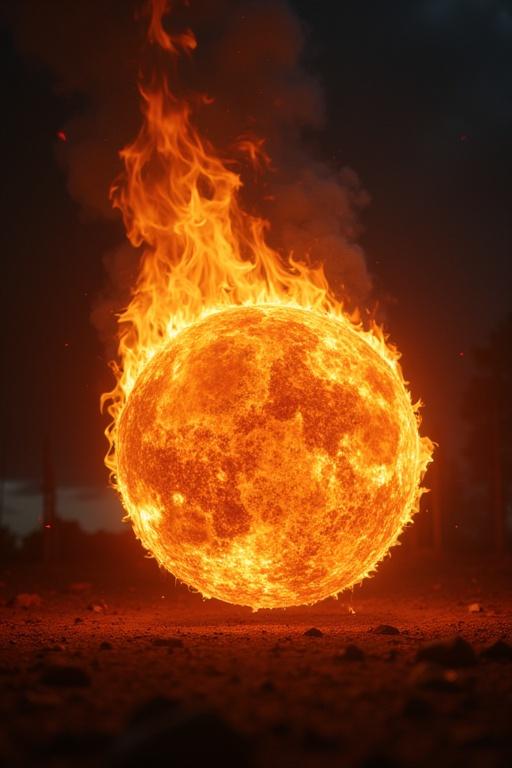 Fiery sun floating above the ground with flames surrounding it. Environment appears dark and rocky. Dynamic and surreal atmosphere.