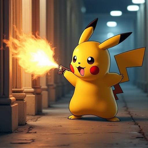 Pikachu animated character holds a firearm shooting in a bank. Pikachu appears excited. The background shows marble columns. Bright flames erupt from the gun. Lighting casts reflections on the surface. The setting includes a dimly lit bank scene.