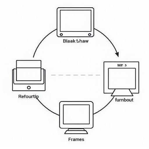 Diagram illustrating MPEG-4 compression principle. Uses Huffman coding and shows pixel correlation between frames. Includes multiple monitors connected in a cycle.