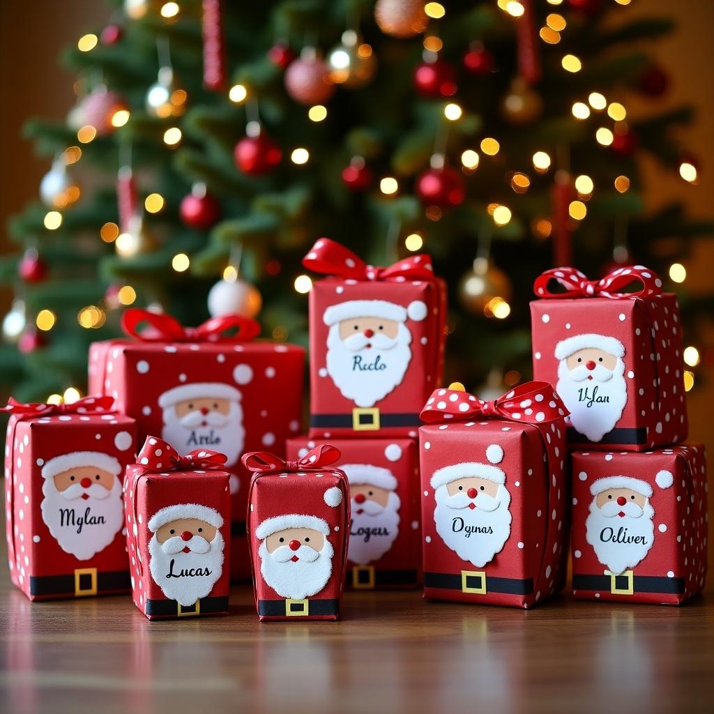 The image features a delightful arrangement of Christmas presents, each adorned with festive red wrapping and cheerful Santa Claus faces. Each gift is personalized with a name tag, including names like ‘Arlo’, ‘Rocco’, ‘Molly’, ‘Dylan’, ‘Lucas’, ‘Logan’, ‘Hannah’, ‘Oliver’, and ‘Halle’. The gifts are placed in front of a beautifully decorated Christmas tree, complete with twinkling lights and gleaming ornaments. The warm lighting creates a joyful and cozy atmosphere, making it perfect for the holiday season. This setting evokes feelings of excitement and the spirit of giving associated with Christmas.