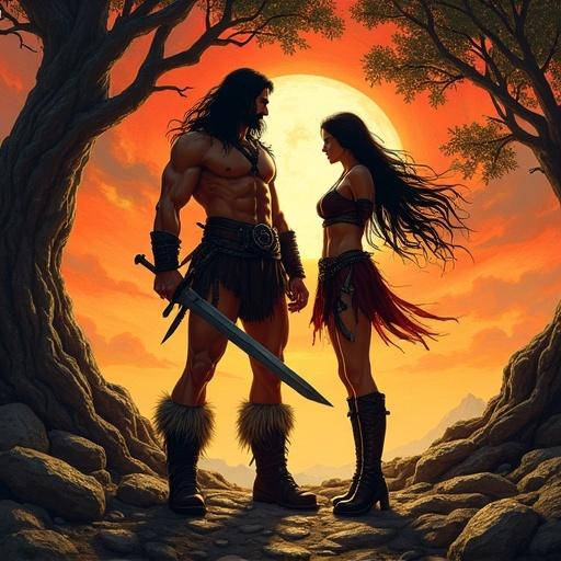 Imagery of muscular warrior and agile sorceress standing on rocky terrain. Background shows dark twisted oak trees silhouetted against orange and red sky. Styling features dramatic hair and fur-trimmed leather armor. Low angle perspective captures their heroic stance.