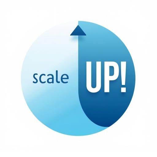 Circular logo design with two colors. Left side is sky blue with lowercase text 'scale'. Right side is deep business blue with uppercase text 'UP!' and an upward arrow. Modern minimalist style on a white background.