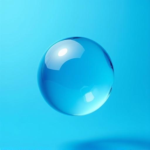 Blue soap bubble floating on blue background. Simple and clean aesthetic. Smooth surface reflecting light.