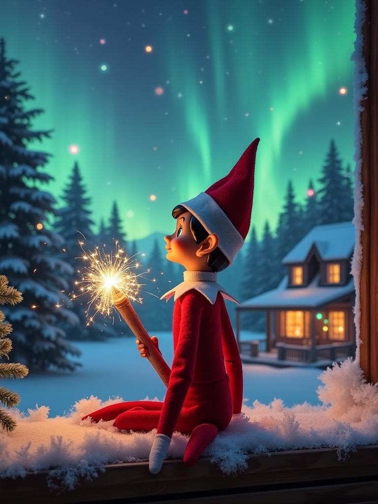 Elf on the shelf sits with back to viewer. The elf gazes skyward while holding a glowing wand. Charming Christmas scene with colorful northern lights. Cozy house in the distance. Snow on the ground. The elf embodies magic and wonder of Christmas. Names appear in the air from the wand.