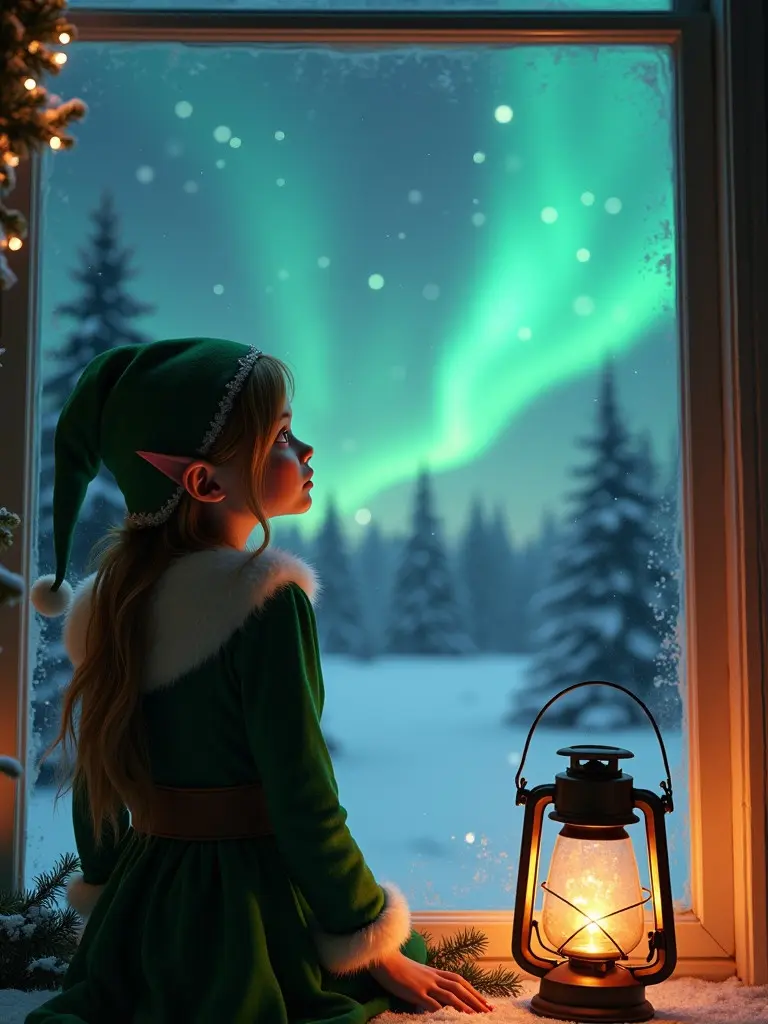 Elf gazes at northern lights from a window. Snow covers the landscape outside. Elf wears a green costume with pointed ears. A lantern beside the elf glows warmly. Scene conveys magic and Christmas joy.