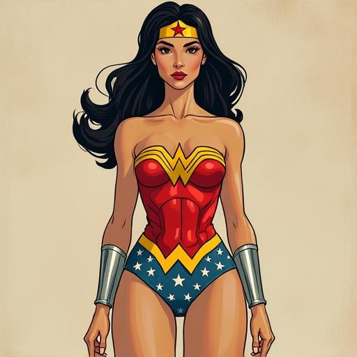 Full shot of a superhero character inspired by Wonder Woman in a playful art style resembling Yue Minjun. Bright colors and exaggerated facial expressions.