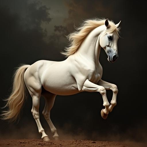 A palomino horse rears up dramatically against a swirling dark background. The image captures the elegance and power of the horse. The mane flows with intensity, highlighting the animal's strength and beauty.
