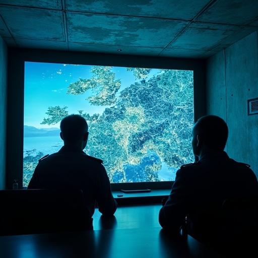 Scene set in high-tension situation room. Officers in uniform gather around a holographic battlefield map. Blue emergency lighting enhances the atmosphere. Shadows cast sharply on concrete walls. Filming style reminiscent of ARRI Alexa LF with film grain effect.