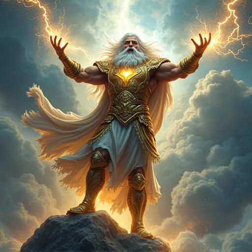 A towering godlike figure resembling Zeus. Stands on a stormy mountaintop. Long flowing white hair and a majestic white beard are whipped by winds. Eyes glow with bright yellow light. Wears golden armor and regal robes with lightning motifs. Arms raised, hurling lightning. Sky filled with storm clouds and electric energy. Presence is overwhelming and powerful. High-detail fantasy illustration with dramatic lighting and intense contrast.