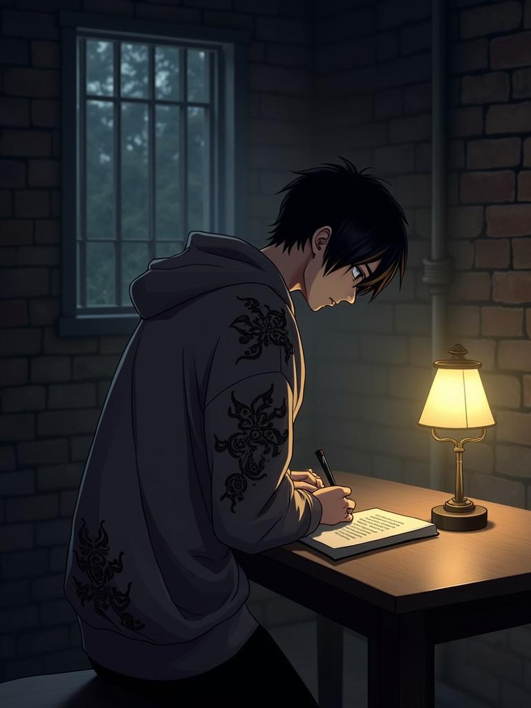 A young man stands at a table in a dimly lit room. The room has brick walls and a barred window. A lamp casts a warm glow. He wears a hoodie with intricate designs. The young man is focused on writing or reading. The atmosphere feels somber and suspenseful.