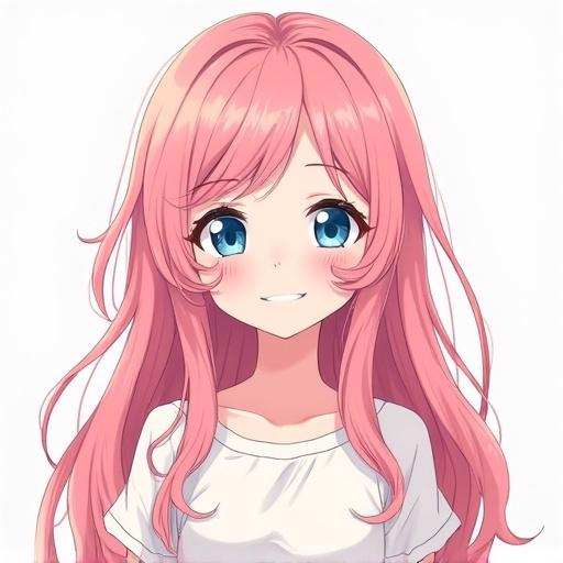 Anime style headshot of an adorable girl. She has long wavy pink hair. Bright blue eyes shine vibrantly. Fair skin with a gentle smile. Subtle blush adds charm. Simple white blouse creates a clean look. Characters drawn with clean lines and soft shading. Background is plain and light. Highly detailed image capturing attention. Girl looks directly at the viewer.