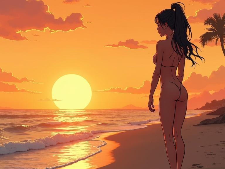 Naked cartoon woman sunbathing at the shore looking at us with a sunset background