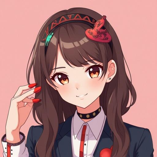 A cute anime character with long brown hair and reddish highlights. Character has a playful expression, wearing a stylish outfit with a collar and accessories. Background is soft pink.