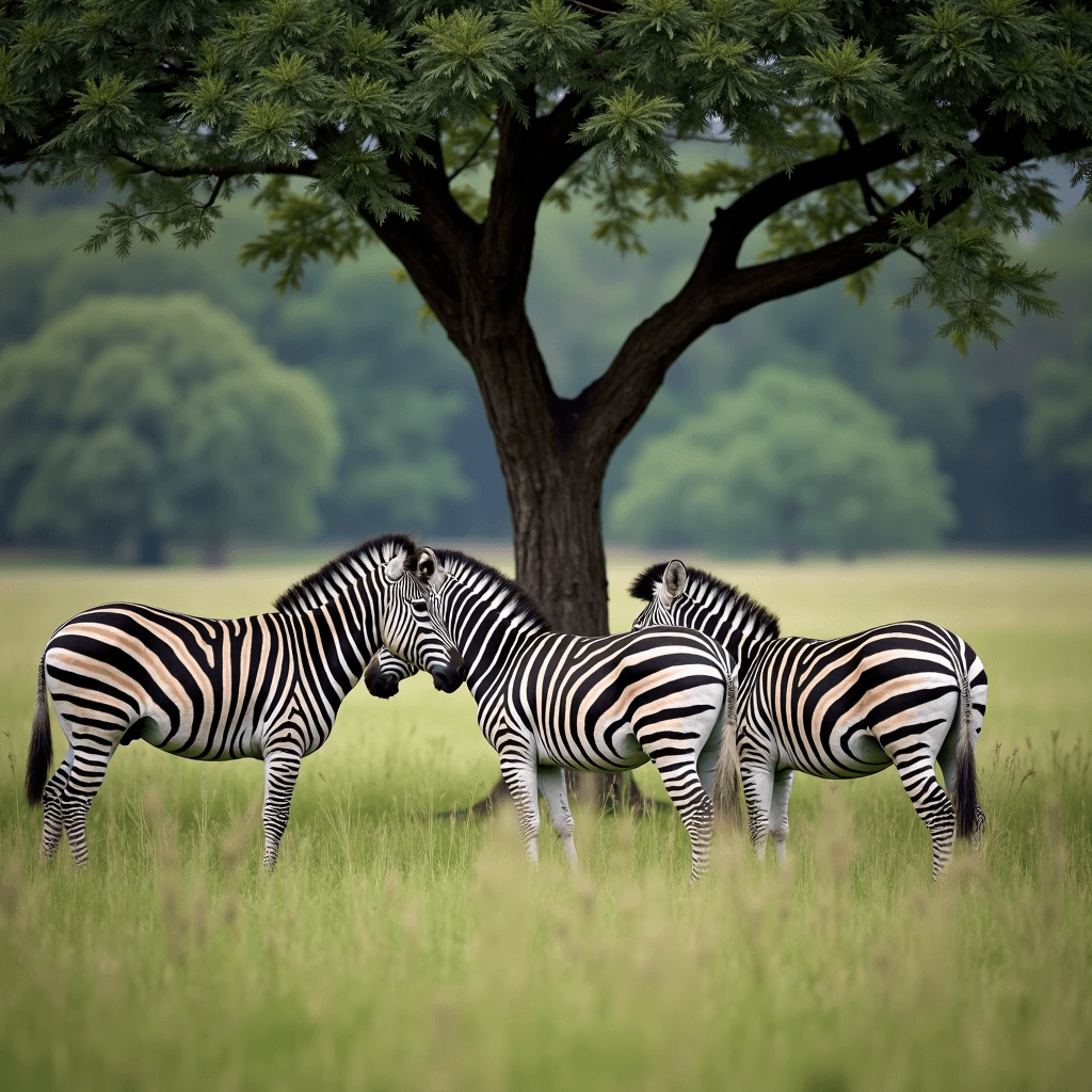 Three zebras stand closely together under the shade of a large tree in a vast, lush green field with a blurred treeline in the background.