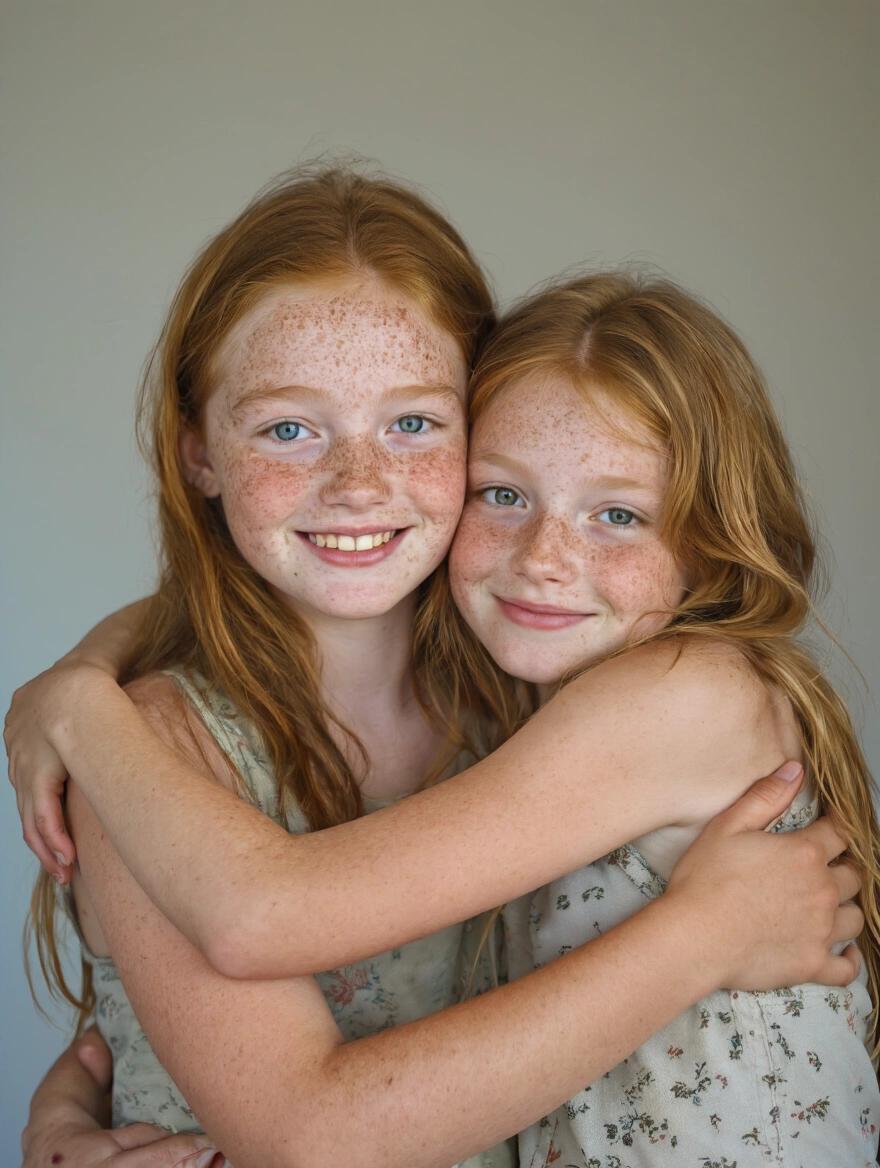 Two girls hugging each other and smiling at the camera. One girl has freckles and both have light hair. They wear casual clothing. The background is neutral. Their expressions are warm and friendly. The chest area of the girls is touching. The photo captures them from the waist up.