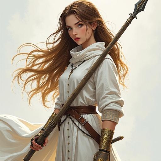 Generate an image of a girl holding a spear in anime art style. Expressive textural quality and photo-realistic techniques. Use a vibrant colorful palette. Employ fluid dynamic brushwork for realistic hyper-detailed portrayal. Her hair is brown with blonde tips and she wears a white robe as armor, with a golden tattoo on her leg. Hair is just over her shoulders. Show her full body with both hands and five fingers on each hand.