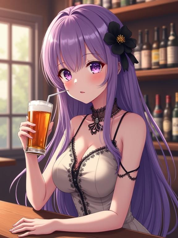 Semi-anime adult lady with long purple hair and purple eyes wearing a light-colored dress with black lace details sitting at a bar with a glass of beer with a straw, a black flower in her hair, warm inviting bar atmosphere with shelves of bottles in the background, soft lighting, digital painting, highly detailed.