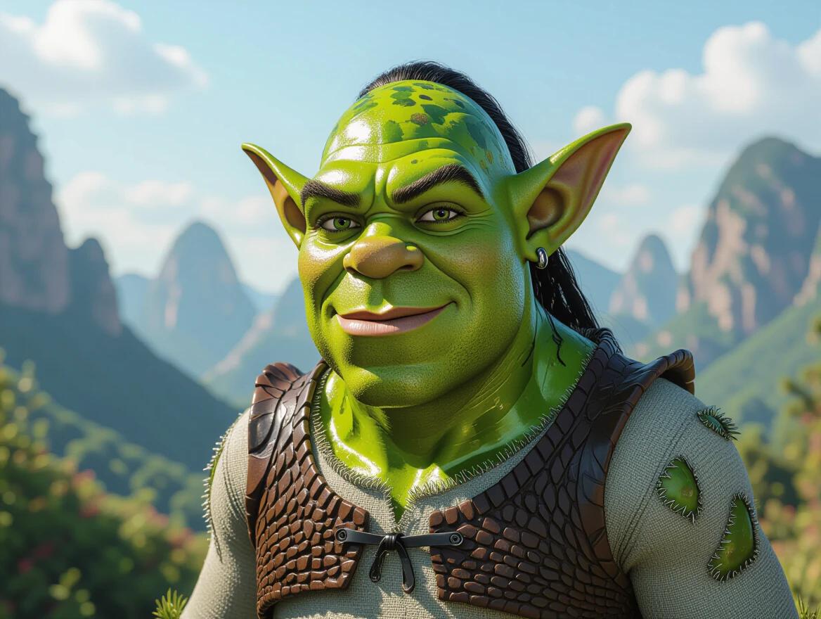 Elf character in a fantasy elven world landscape textured and sculpted in metallic and holographic styles. Character features a combination of brutal brushstrokes and a liquid metallic appearance against a scenic background of mountains and greenery.