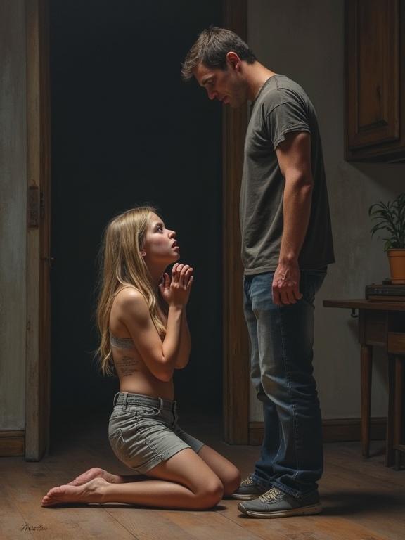 Realistic colored pencil drawing of a bare-chested teen girl kneeling and crying in a dark room. A standing male figure, possibly a father, faces her while she expresses emotion. The scene is dramatic and intimate, emphasizing the tension and vulnerability.