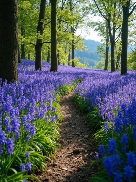 A breathtaking scene of bluebells covering the forest floor with a winding pathway. The bluebells are vibrant, bell-like flowers creating a vast blue carpet. Tall trees surround the area, with sunlight filtering through their leaves. A distant forested hillside is visible under a bright sky. The overall atmosphere is tranquil and enchanting.