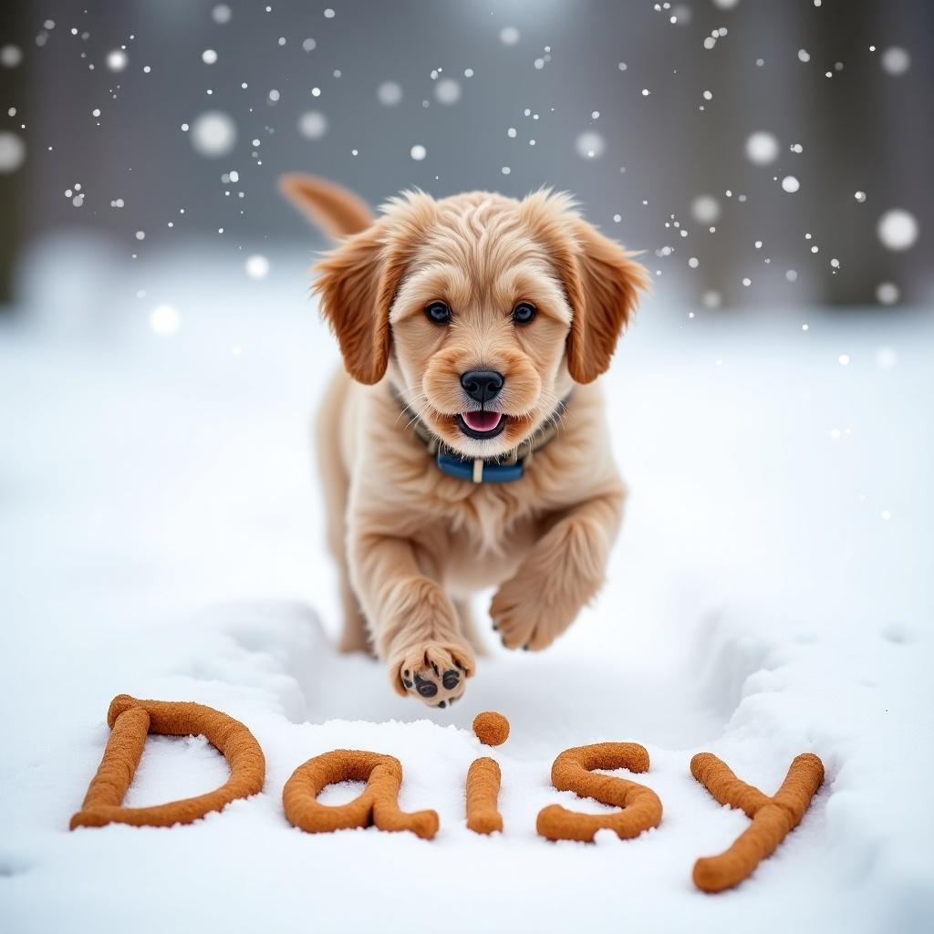 Blonde Cockapoo puppy runs joyfully in snow. Name Daisy written in snow with dog food. Snowflakes gently fall in the background, creating whimsical winter scene.