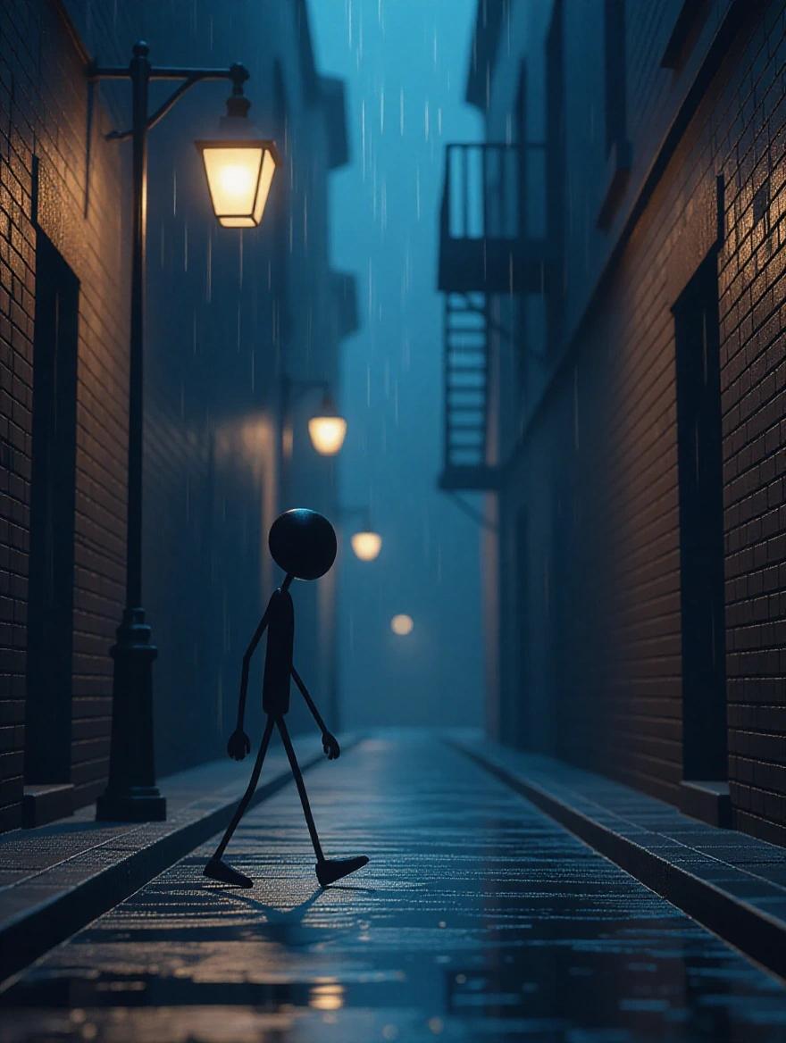 Miniature stickman silhouette with elongated limbs and tilted head walks in a rain-soaked alley. Hunched posture and dragging footsteps show weariness. Surrounded by flickering streetlights and high-contrast lighting. Art style reminiscent of cinematic noir, Blade Runner, and Edward Hopper.