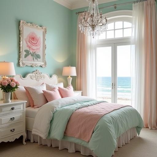 Photo shows a shabby chic bedroom. The walls are light aqua. There is a light pink and white bed with cream accents. A crystal chandelier hangs from the ceiling. A vase with light pink roses rests on the nightstand. A light pink rose painting framed in white rococo style decorates the wall. The window provides a beach view.