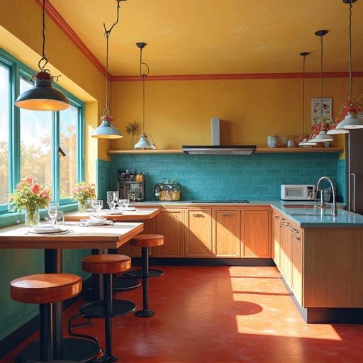 An oil painting represents a diner-style kitchen. The whole countertop and kitchen elements are visible. A strong painterly style is evident throughout the piece.