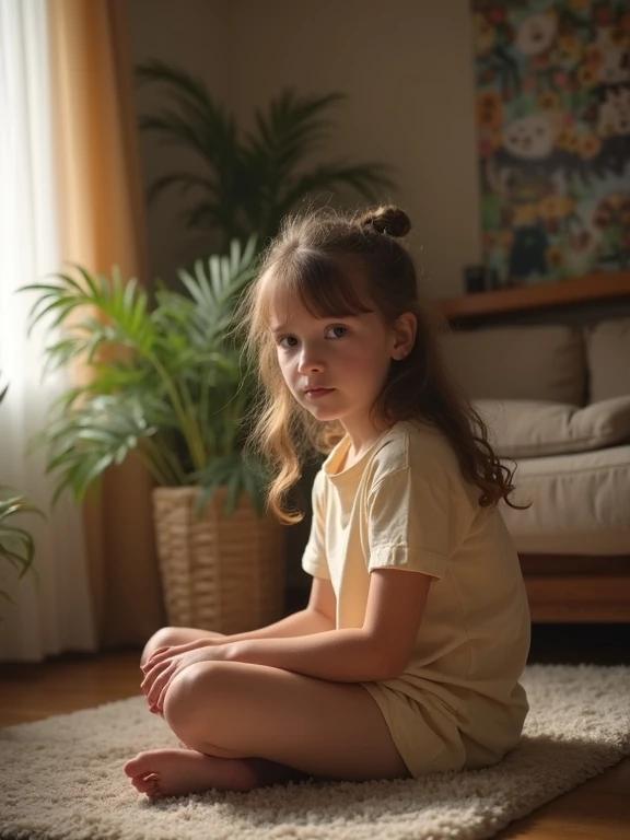 young girl sitting on a rug in a bright living room. Natural light streaming in from the window. Peaceful indoor setting. Casual pose with a serene expression.