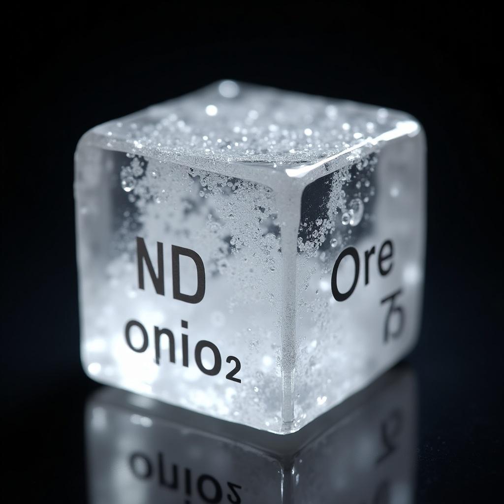 A transparent ice cube with bubbles. The cube has chemical symbols ND and Ore75. This image features a chemistry-related theme with a dark background.