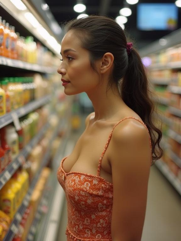 Amateur photo captures a woman shopping for groceries in a supermarket aisle. She has a beautiful profile, wearing a sundress. Focus on a large bust and neckline. Image is pixelated and low resolution.