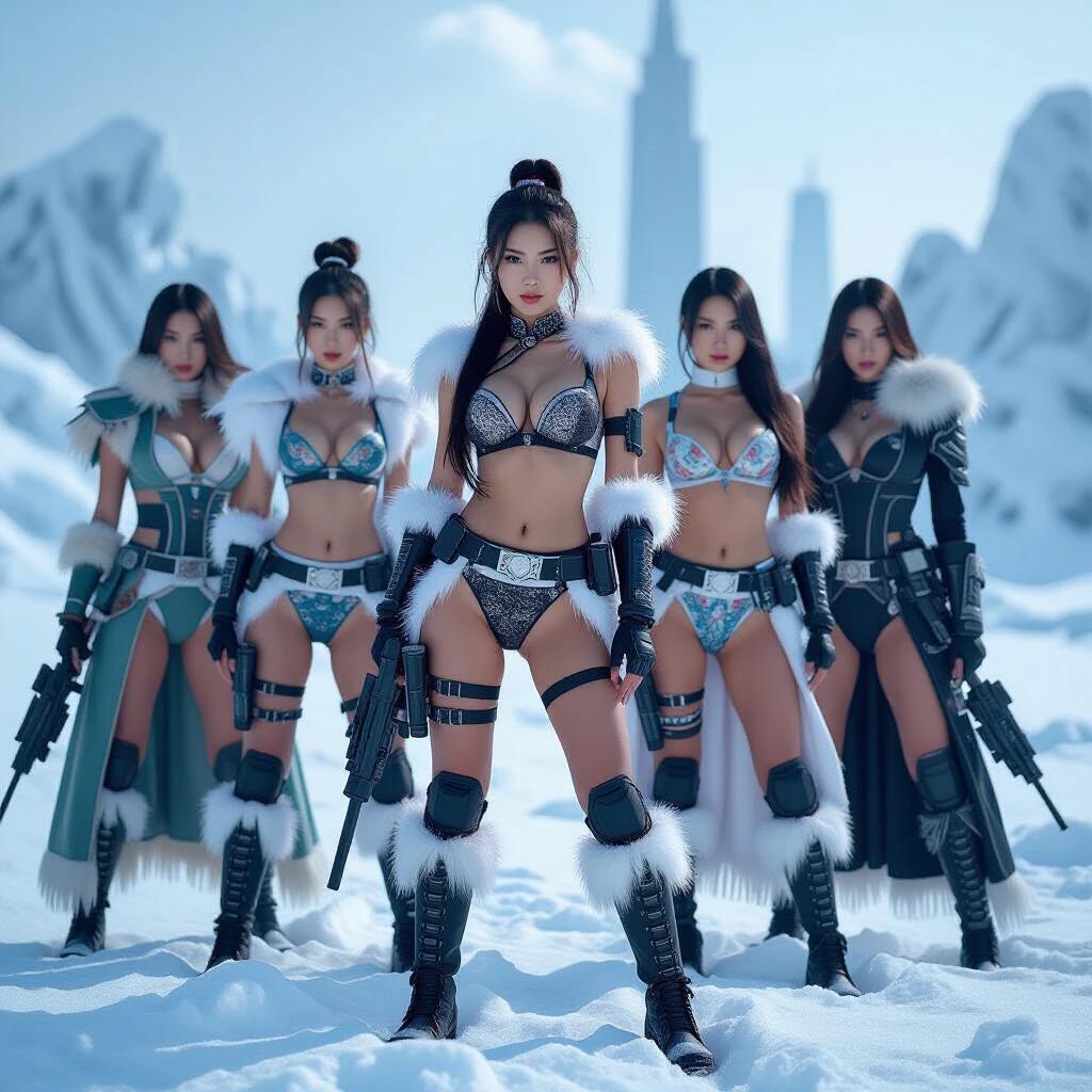 Group of powerful women stands confidently in a frozen wasteland. Each wears traditional Chinese-style lingerie and survival gear. Displaying elegance, they are equipped with futuristic weapons. Background features a ruined city in icy conditions. Highlighting their strength.