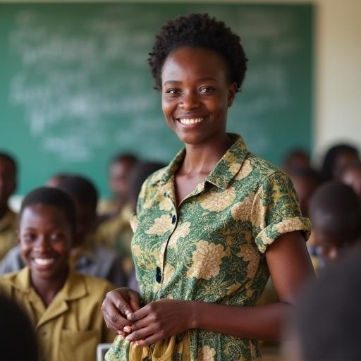 Nigerian primary school teacher looking secure confident happy in front of classroom