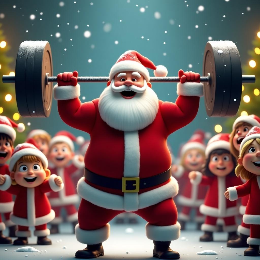 Animated image of Santa Claus lifting a heavy barbell with children in Santa costumes. Festive background with Christmas trees and snowflakes, energetic holiday theme, strong Santa image combined with joy.