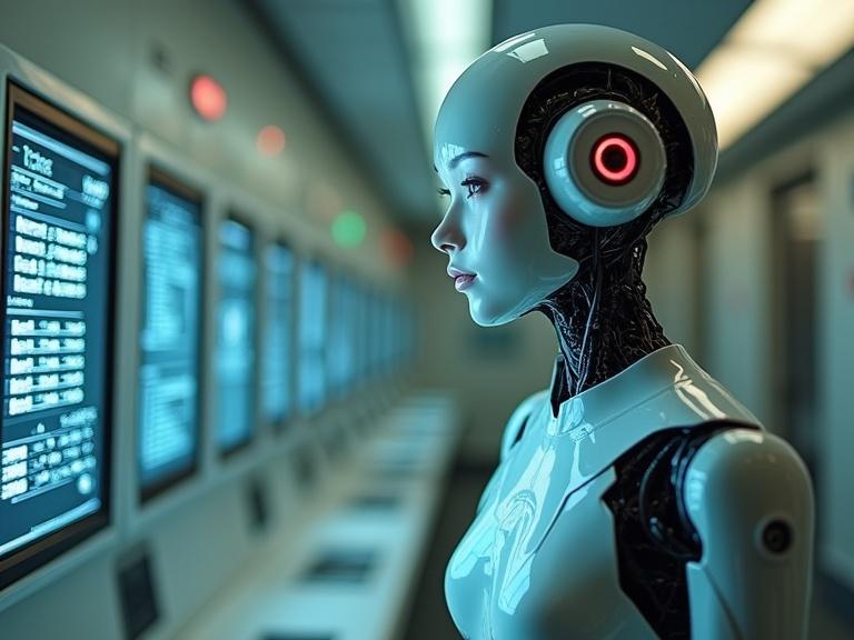 Female humanoid robot stands in a sleek capsule hotel hallway. The robot looks ready to accept programming commands. Digital screens glow in the background, showcasing commands and data.