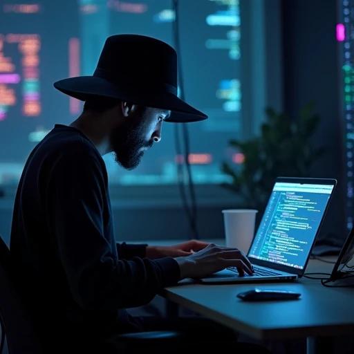 A man is typing on a laptop at a desk in a dimly lit room. The room has a thermal visual background. The person wears a hat and only a small portion of the face is visible. The laptop screen shows lines of code. The setup resembles a futuristic coding environment.