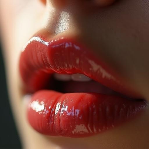 Supreme close-up of women's lips and lower face. Illuminated by soft natural light. Lips move sensually. Delicate actions such as parting and overlapping. Highlighting smooth movements. Camera captures glossy and moist texture. Surface reflects light beautifully. ASMR sound therapy included. Amplified sounds of lip movements.