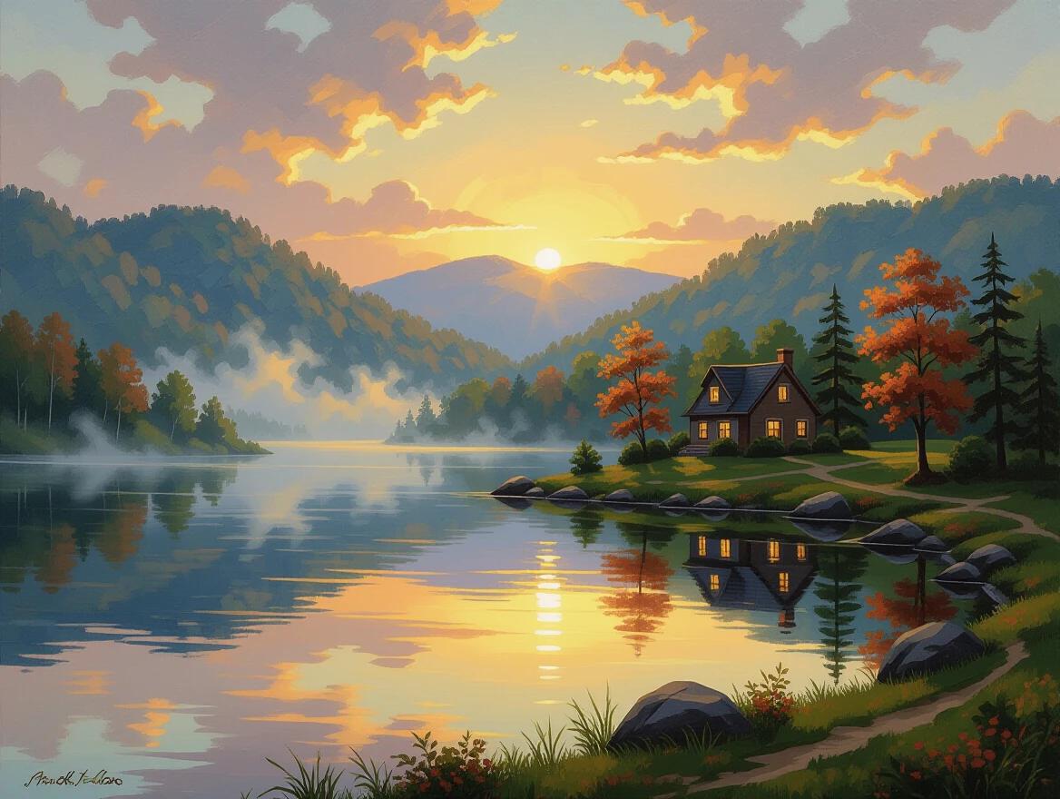 Romantic realist landscape at golden hour. Soft mist over forested hills. Warmly lit cottage beside still reflective lake. Impressionistic brushwork in foliage and water. Dramatic sunlight through clouds. Rich atmospheric perspective with fading blues and purples. Warm golden tones in foreground. Painterly style blending realism with expressive strokes.