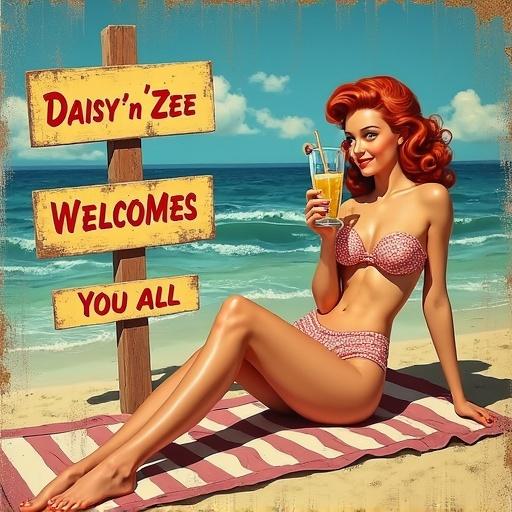 A vintage beach sign displayed on weathered wooden slats. A redheaded girl in a pink bikini lounges on sandy beach, holding a cocktail. Overall aesthetic captures vibrant summer scene. Peeling paint adds character to aged sign.