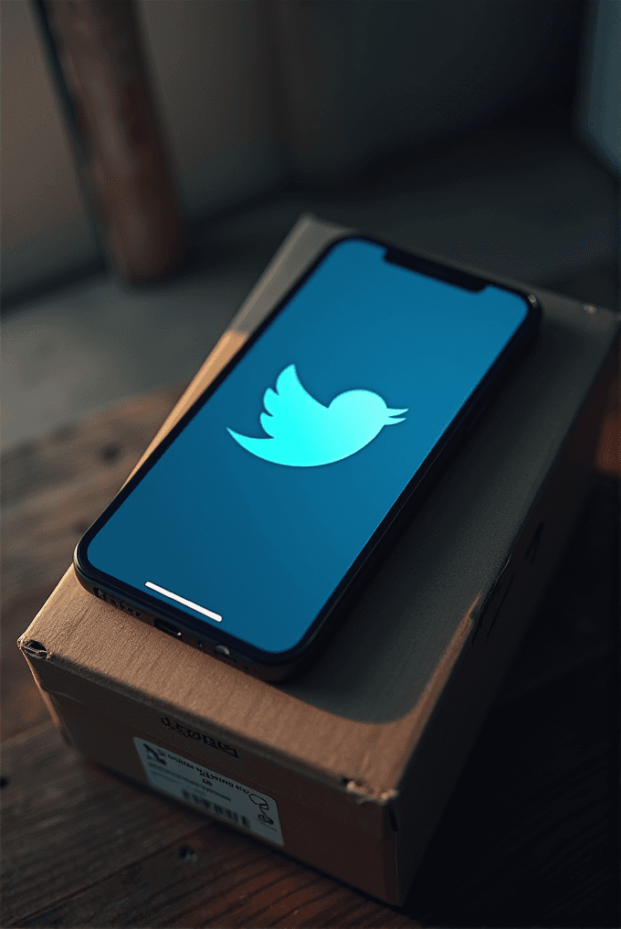 A close-up of a smartphone displaying a blue logo of a bird silhouette, placed on a cardboard box with a soft focus background.