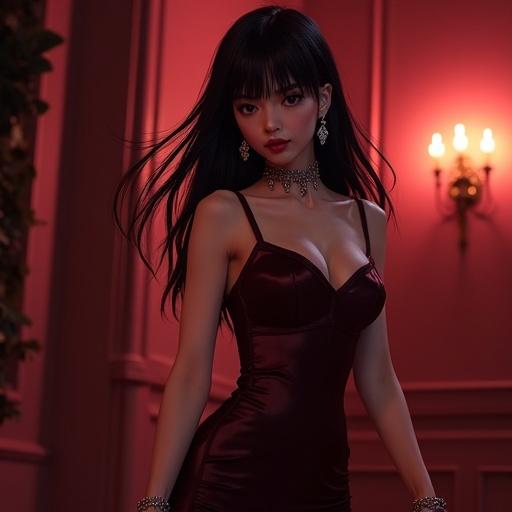 Motoko Kusanagi character dressed elegantly in evening gown attending a vampire-themed ball