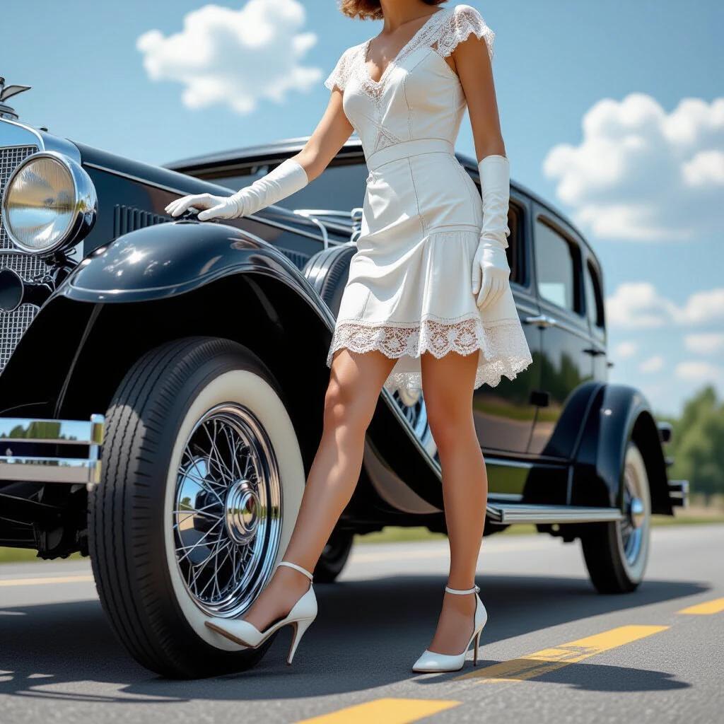 Photorealistic setting capturing 1928 roadside incident. A petite socialite wearing a short white lace dress and white gloves stands at ground level. She is looking down at the completely deflated tire on a vintage black automobile. Her right foot kicks the lower side of the tire.