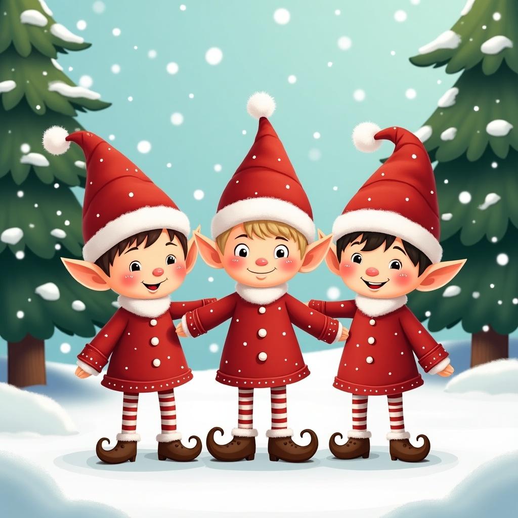 This image showcases three charming elf characters enjoying the festive Christmas season. Each elf is adorned in a vibrant red outfit complete with hats and striped accents. They are situated in a picturesque snowy landscape dotted with Christmas trees, creating a sense of holiday cheer. Snowflakes softly fall around them, enhancing the whimsical atmosphere. The elves exude joy with their bright smiles, inviting everyone to join their magical journey. This scene is ideal for holiday-themed stories and decorations.